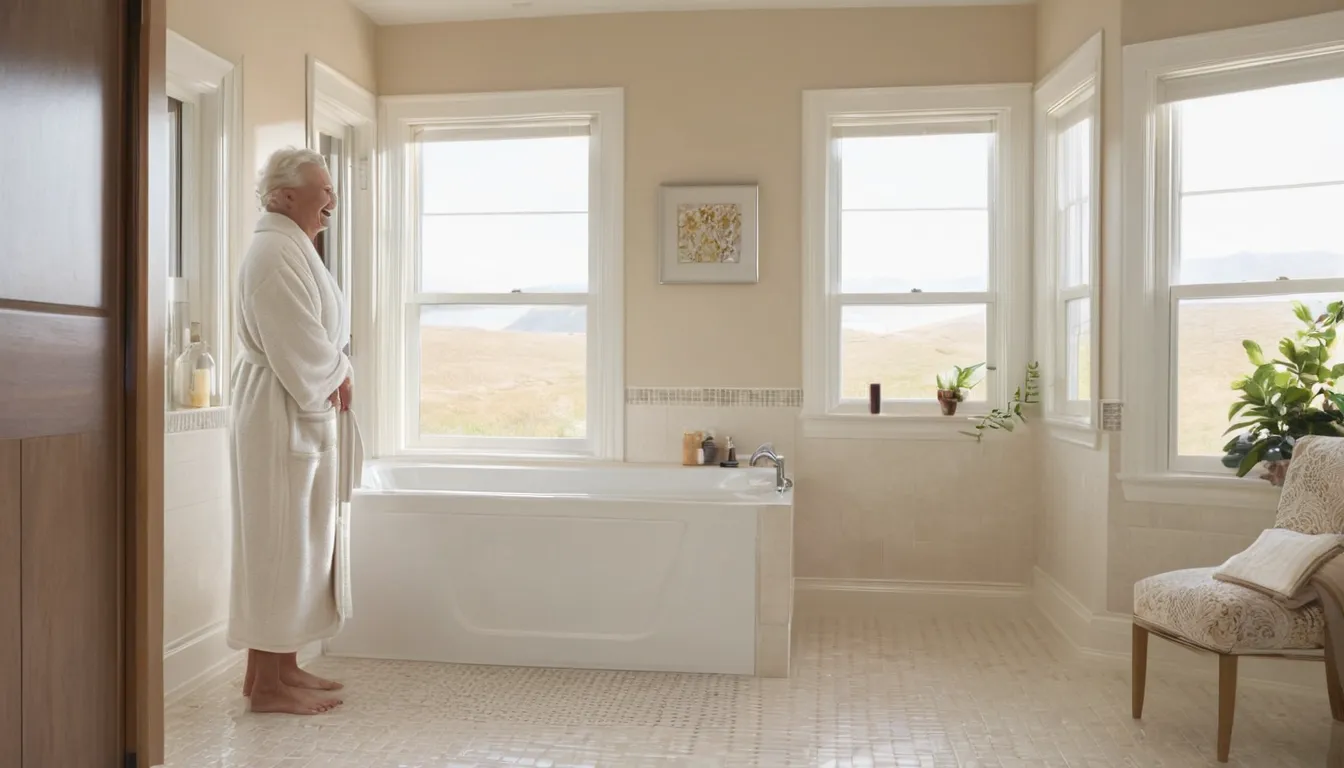 Smiling older homeowner stepping into a walk-in tub through its low side door in a bright Bethel bathroom